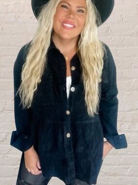 BLAKELEY Black cotton Corduroy peplum Raw hem button front Shirt Jacket Size L